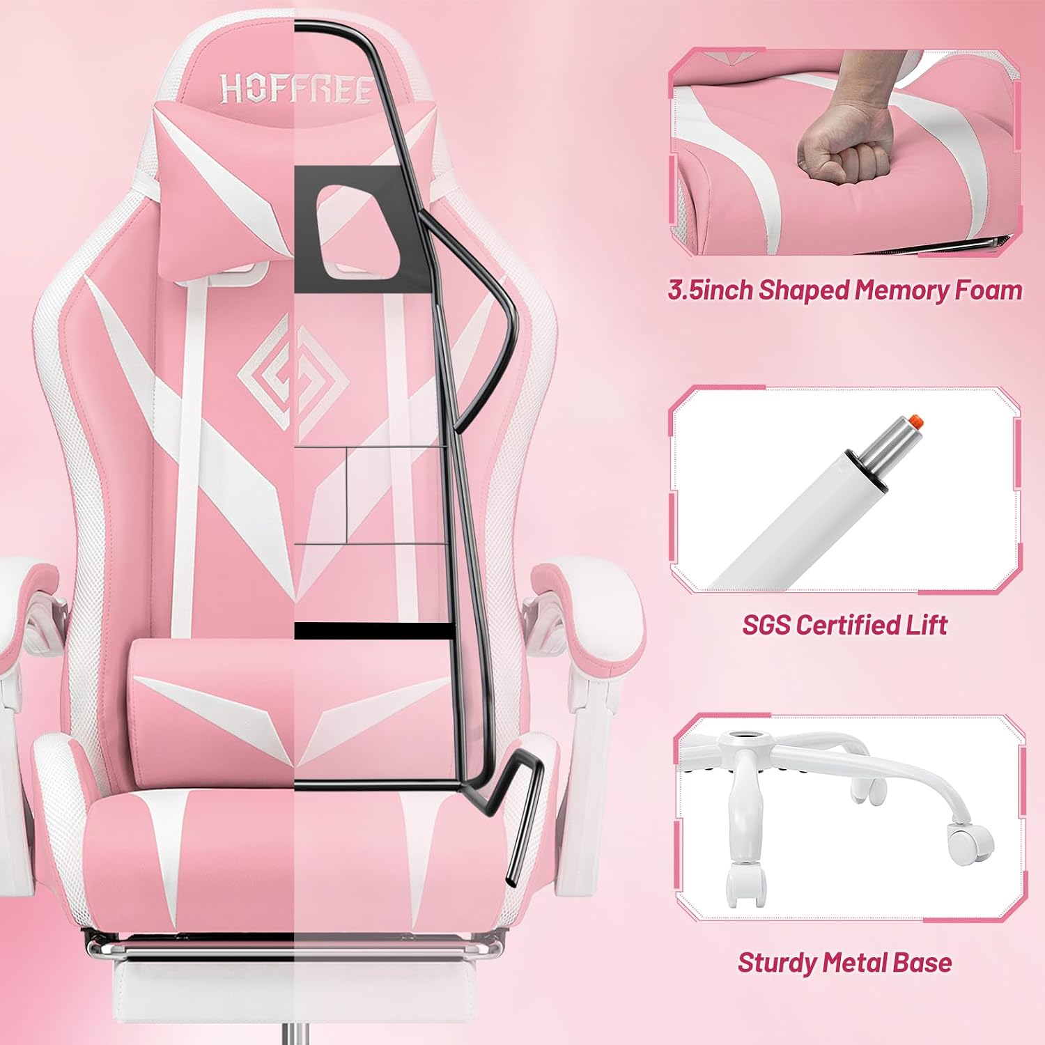HOFFREE Pink Gaming Chair Massage with Bluetooth Speakers and Led Lights Ergonomic Computer Gaming Chair with Footrest RGB Video Game Chair with High Back Lumbar Support Pink and White
