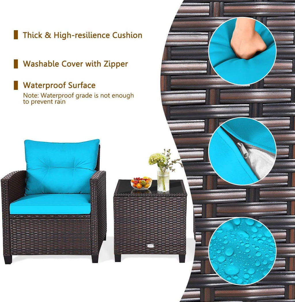 KOTEK 3 Piece Patio Furniture Set, Outdoor Conversation Set with Washable Cushions & Tempered Glass Tabletop, PE Rattan Wicker Bistro Set for Porch, Garden, Balcony (Turquoise)