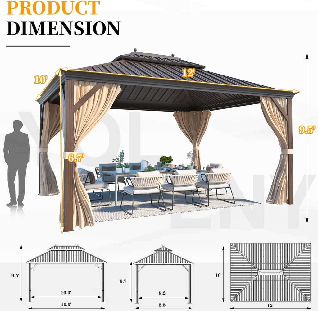 YOLENY 10'x12' Hardtop Gazebo with Double Galvanized Steel Roof, Gutters, Aluminum Frame, Curtains & Netting, Outdoor Metal Gazebos for Patio Garden Lawn Parties