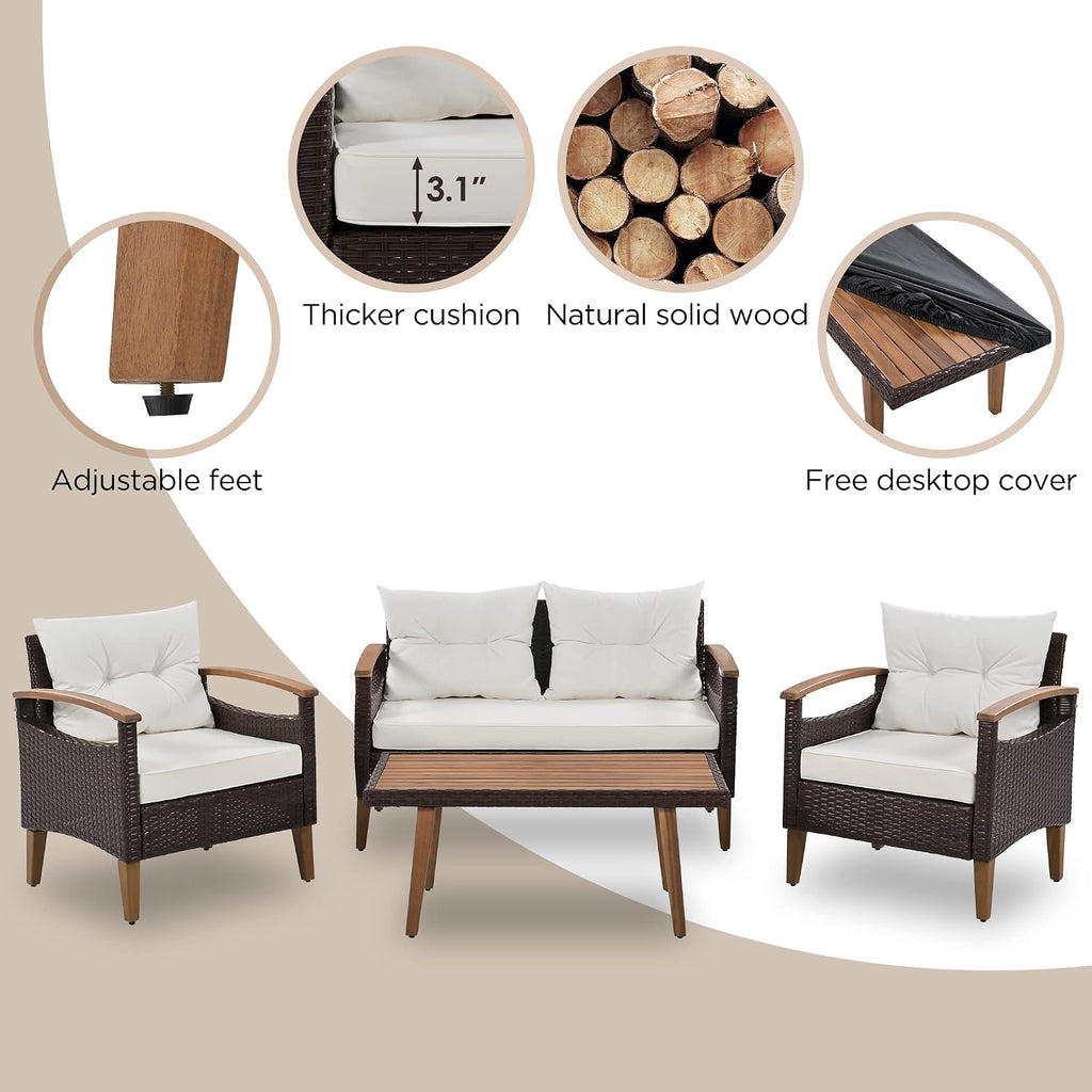 Merax Patio Furniture Sets 4 Pieces, All Weather Outdoor PE Rattan Sofa with Wood Table and Legs, for Lawn, Backyard, Poolside or Garden, Beige