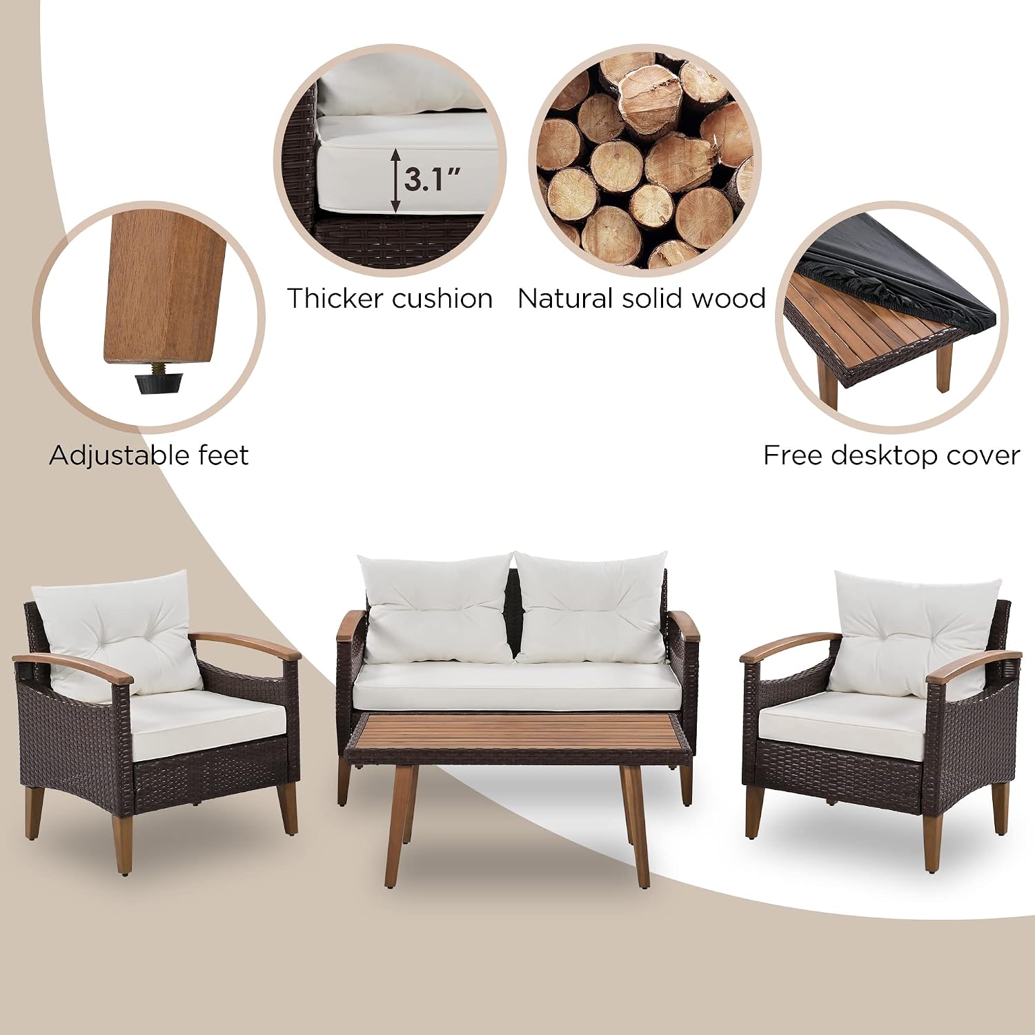 Merax Patio Furniture Sets 4 Pieces, All Weather Outdoor PE Rattan Sofa with Wood Table and Legs, for Lawn, Backyard, Poolside or Garden, Beige