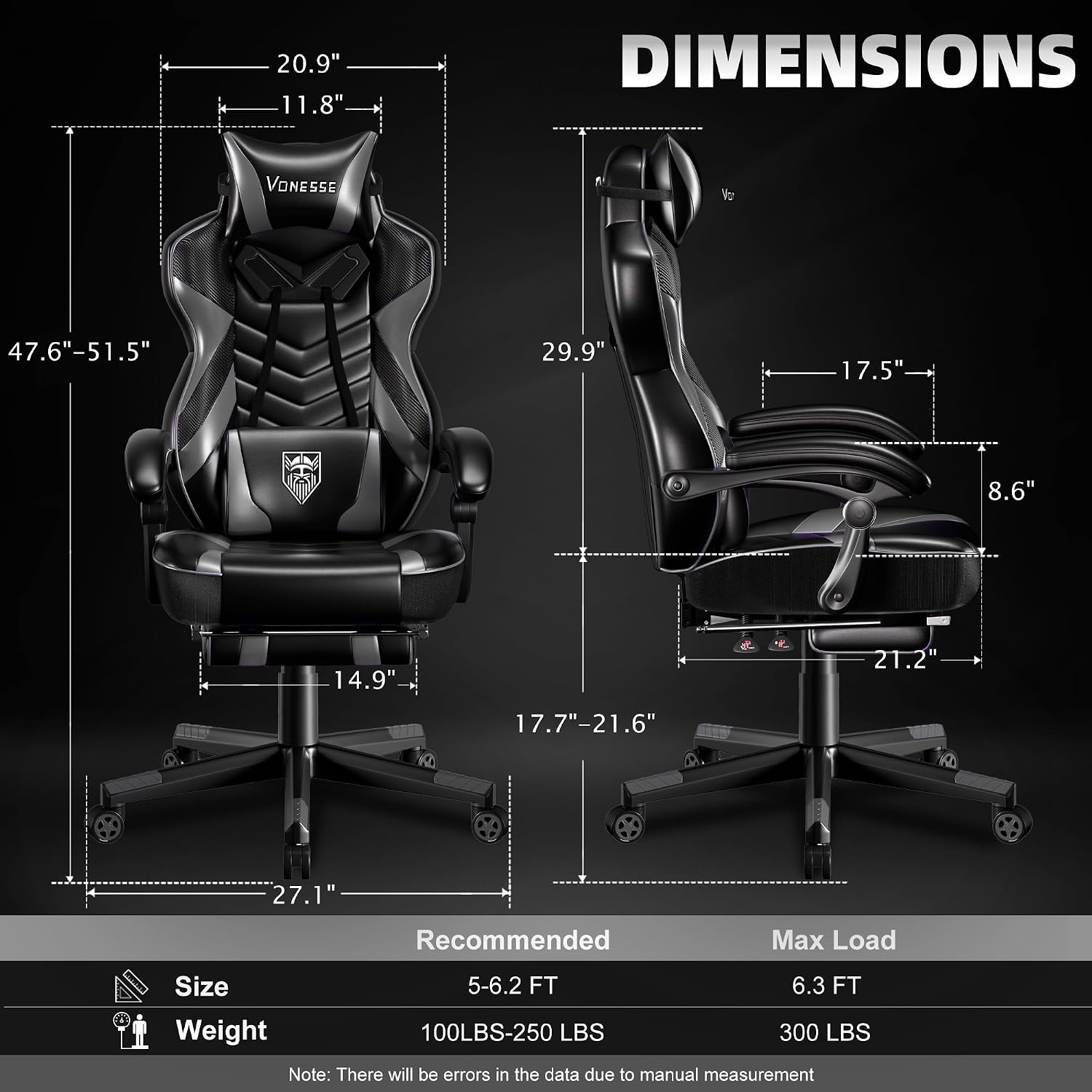 Vonesse Gaming Chair, Big and Tall Gaming Chair with Footrest and Massage, Gaming Chairs for Adults with Lumbar Support, Ergonomic High Back Computer Chair with Pocket Spring Cushion (Grey/Black)