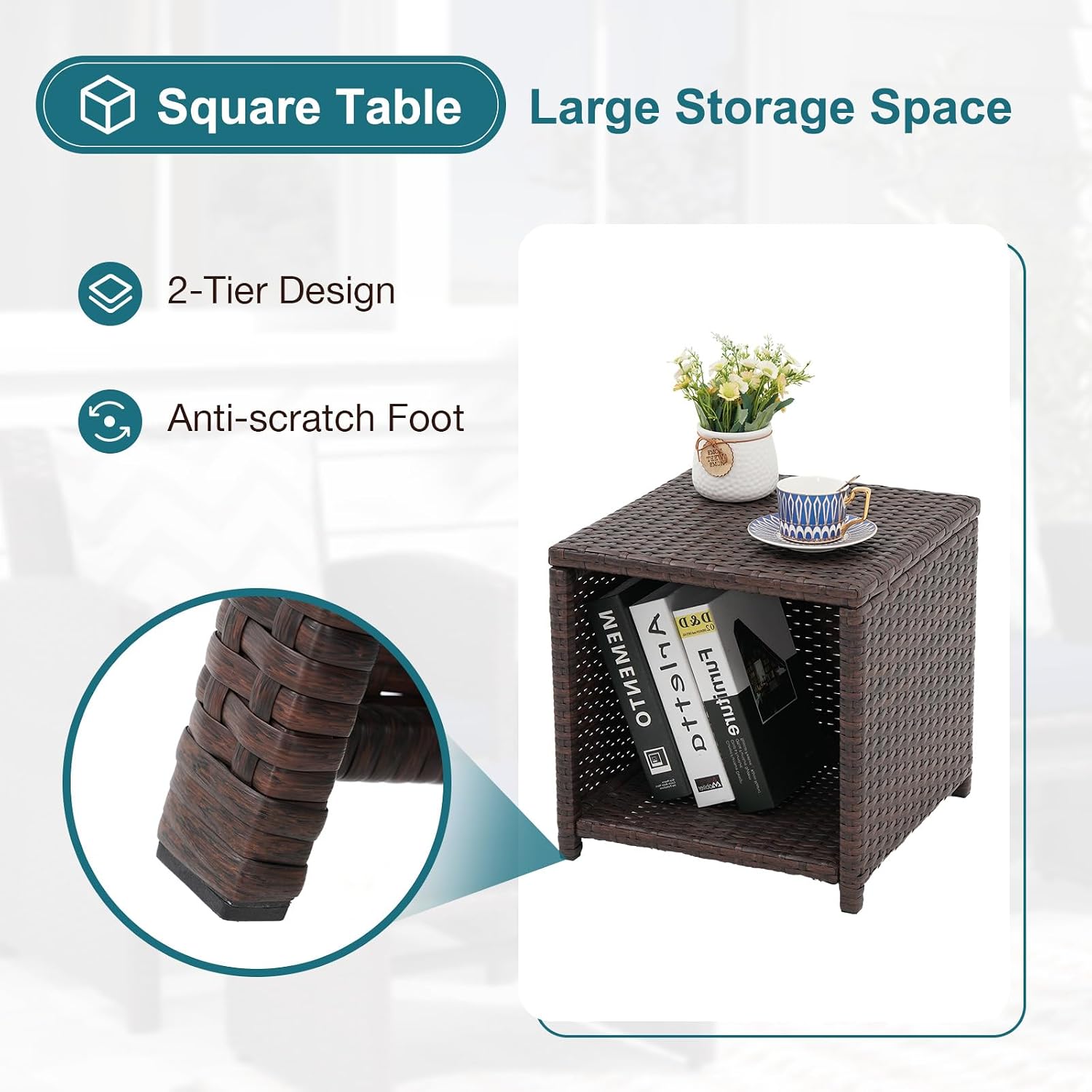 OC Orange-Casual 5 Pcs Patio Conversation Set Balcony Furniture Set with Cushions, Brown Wicker Chair with Ottoman, Storage Table for Backyard, Garden, Porch, Beige