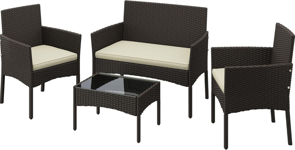 Yaheetech Patio Furniture Set 4 Pieces Conversation Sets, Rattan Chair Wicker Set Loveseat with Soft Cushion and Glass Table for Backyard Porch Garden Poolside Balcony, Brown and Beige