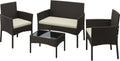 Yaheetech Patio Furniture Set 4 Pieces Conversation Sets, Rattan Chair Wicker Set Loveseat with Soft Cushion and Glass Table for Backyard Porch Garden Poolside Balcony, Brown and Beige