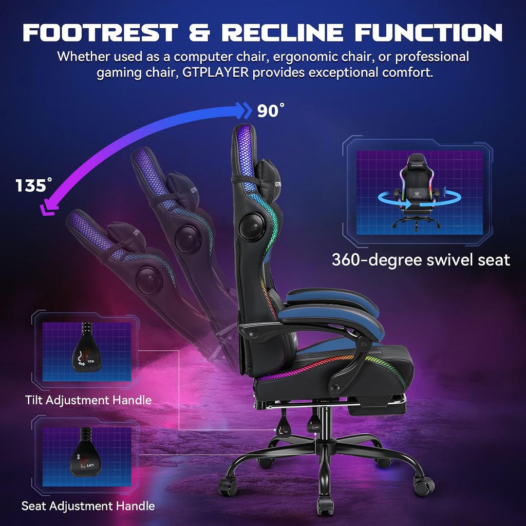 GTPLAYER RGB Gaming Chair with Speakers - LED Computer Game Chair for Adults, PC Home Office Chairs with Footrest & Lights, Reclining Desk Chairs, Dark Blue