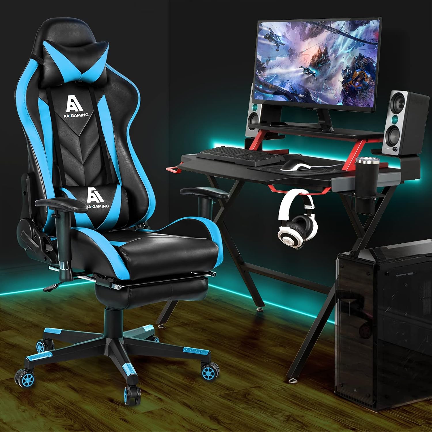 AA Products Gaming Chair High Back Ergonomic Computer Racing Chair Adjustable Office Chair with Footrest, Lumbar Support Swivel Chair - Blue