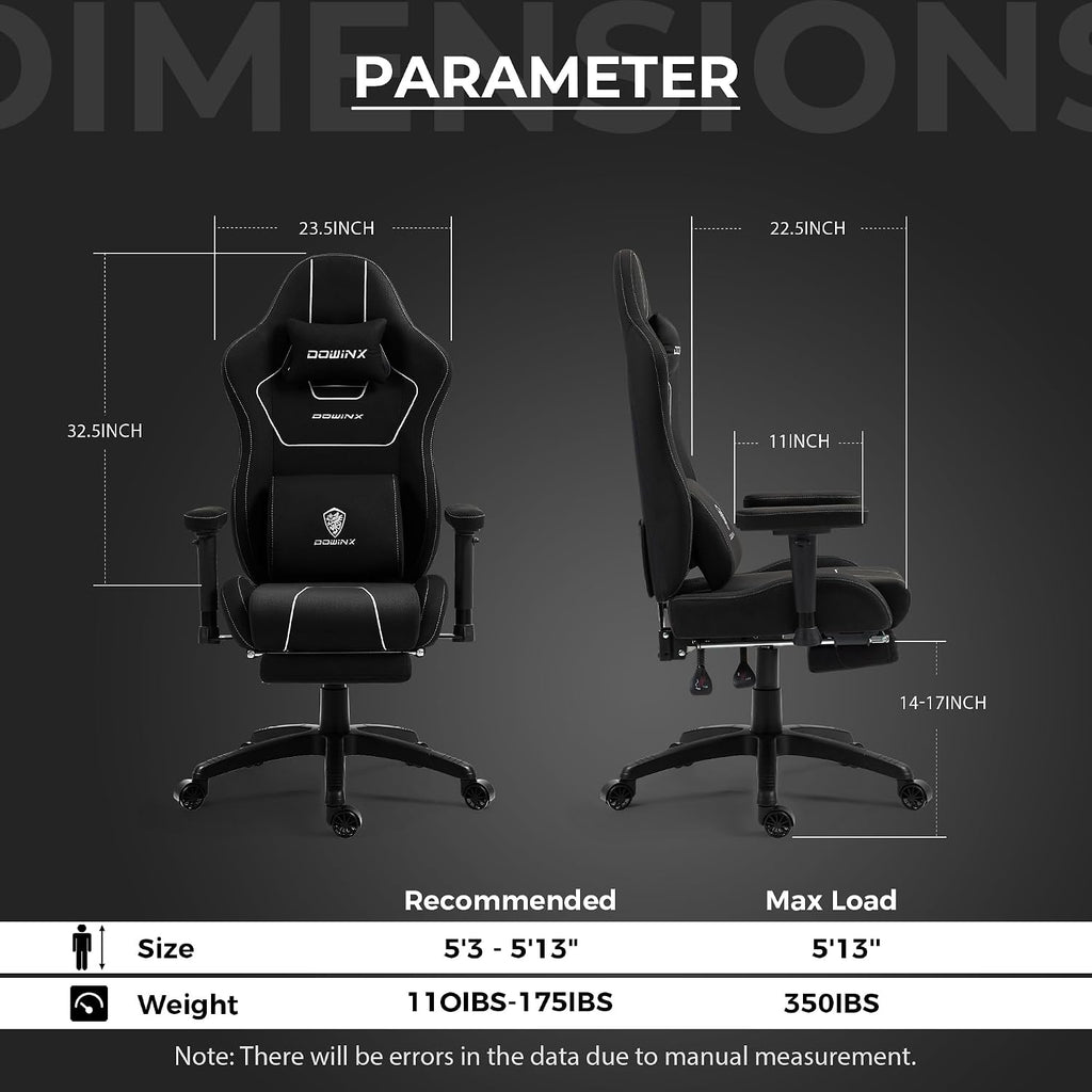 Dowinx Gaming Chair with Pocket Spring Cushion, Breathable Fabric Ergonomic Office Chair with Footrest & Massage Lumbar Support, Comfortable Reclining Chair for Long Hours Sitting, 350LBS, Black