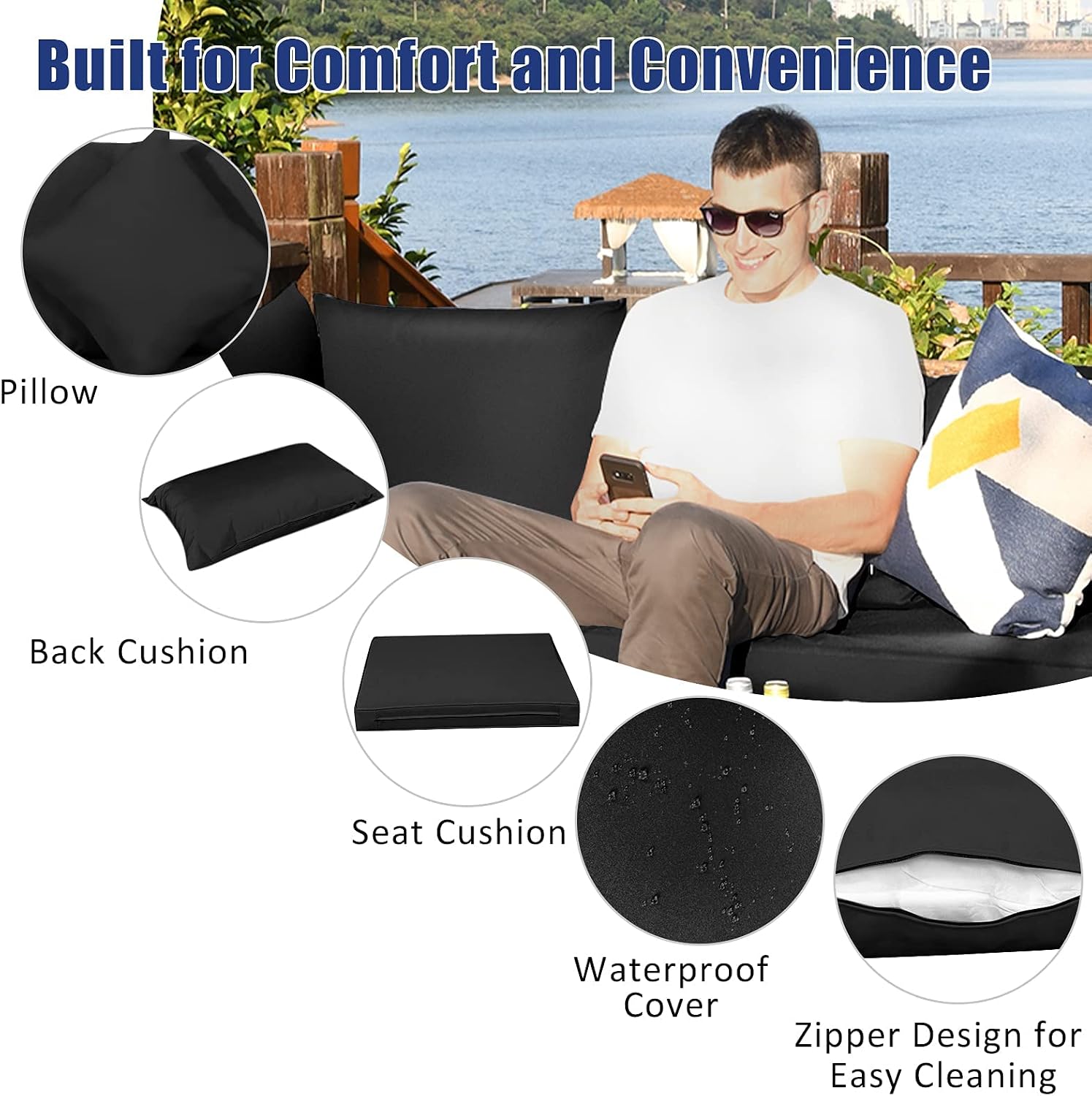 Tangkula 7 Pieces Patio Rattan Furniture Set, Patiojoy Outdoor Conversation Set with Cushions and Tempered Glass Coffee Table, All-Weather Sectional Sofa Set for Garden, Lawn, Backyard (Black)