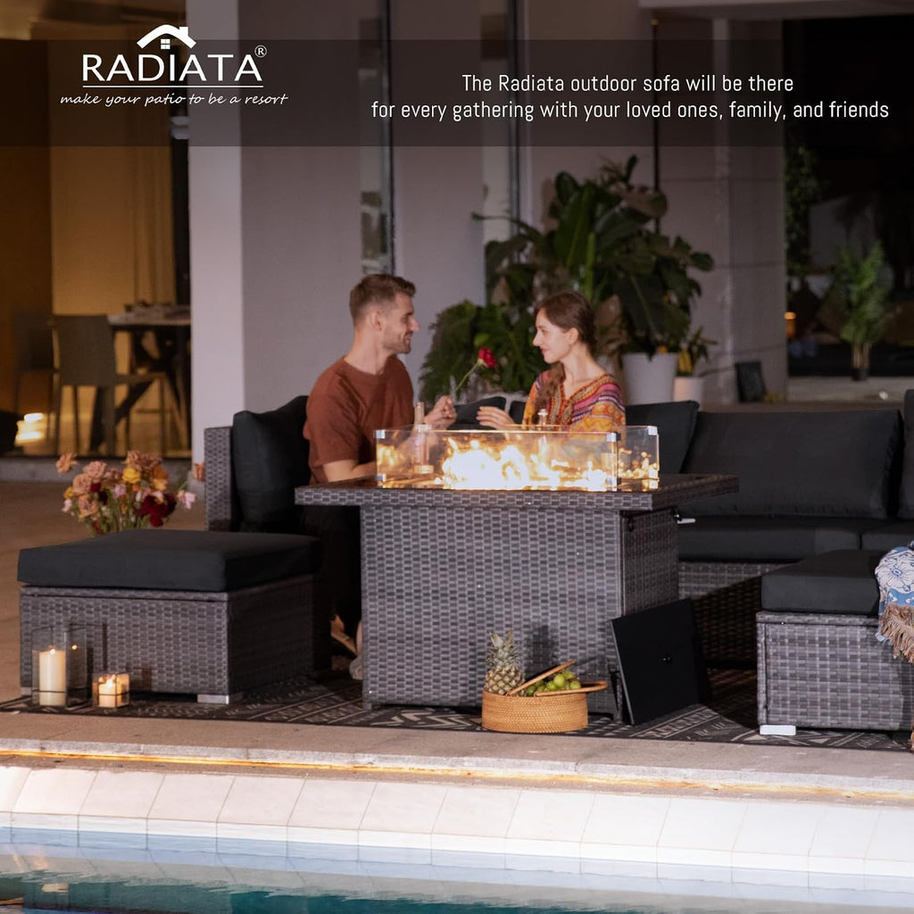RADIATA 9 Piece Wicker Patio Furniture Set with Fire Pit, All-Weather Outdoor Sectional Couch High Back Large Size, Modular Backyard Seating Sofa Set with Propane/Natural Gas Firepit Table, Grey&Black