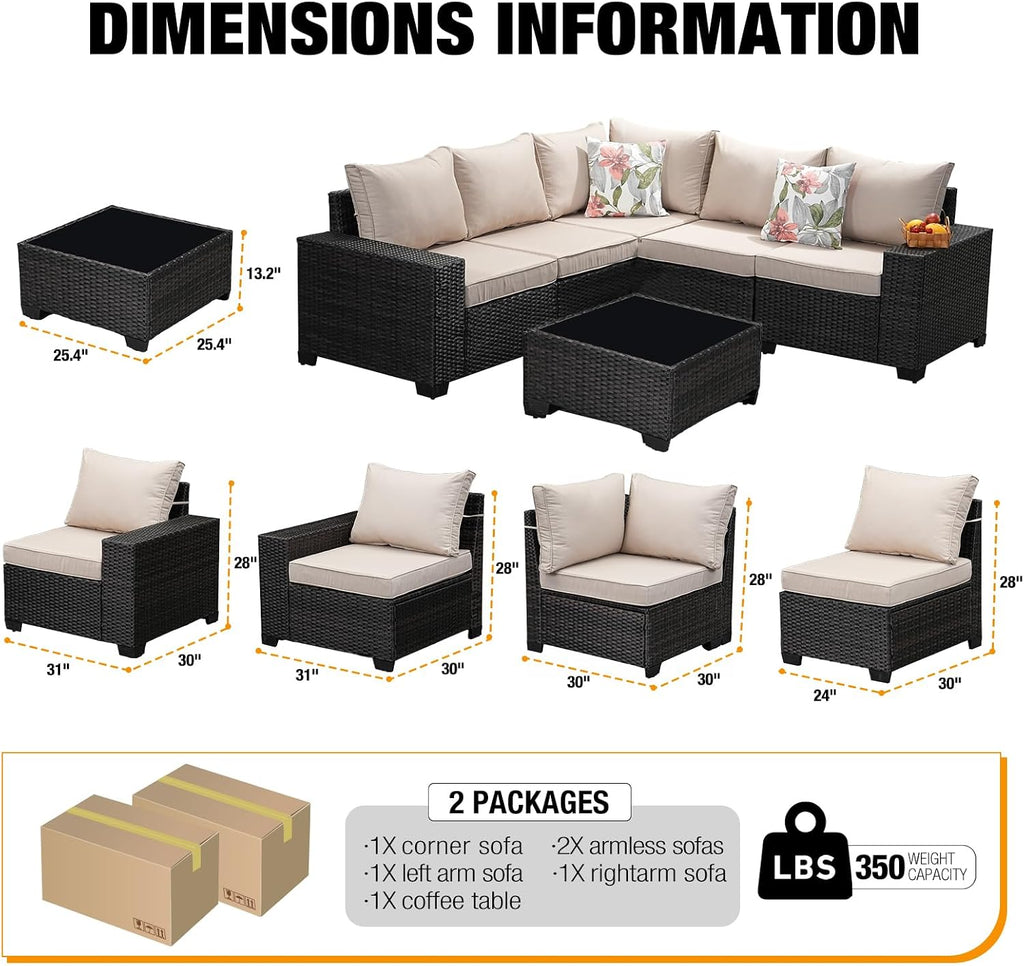 JOYURE 6 Pieces Patio Furniture Set All-Weather Outdoor Wicker Sectional Conversation Sofa Rattan Patio Seating Sofa with Cushion and Glass Table for Porch Poolside,Beige