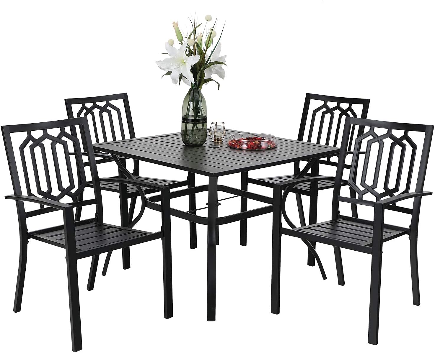 PHI VILLA 5-Piece Metal Patio Outdoor Table and Chairs Dining Set- 37' Square Bistro Table and 4 Backyard Garden Chairs, Table with 1.57' Umbrella Hole