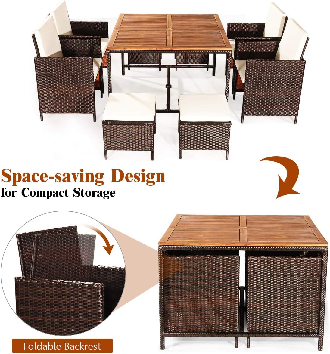 Tangkula 9 Pieces Patio Acacia Wood Table and Chairs Set with Umbrella Hole, Outdoor Space Saving Outdoor Dining Set,for Garden,Yard,Poolside