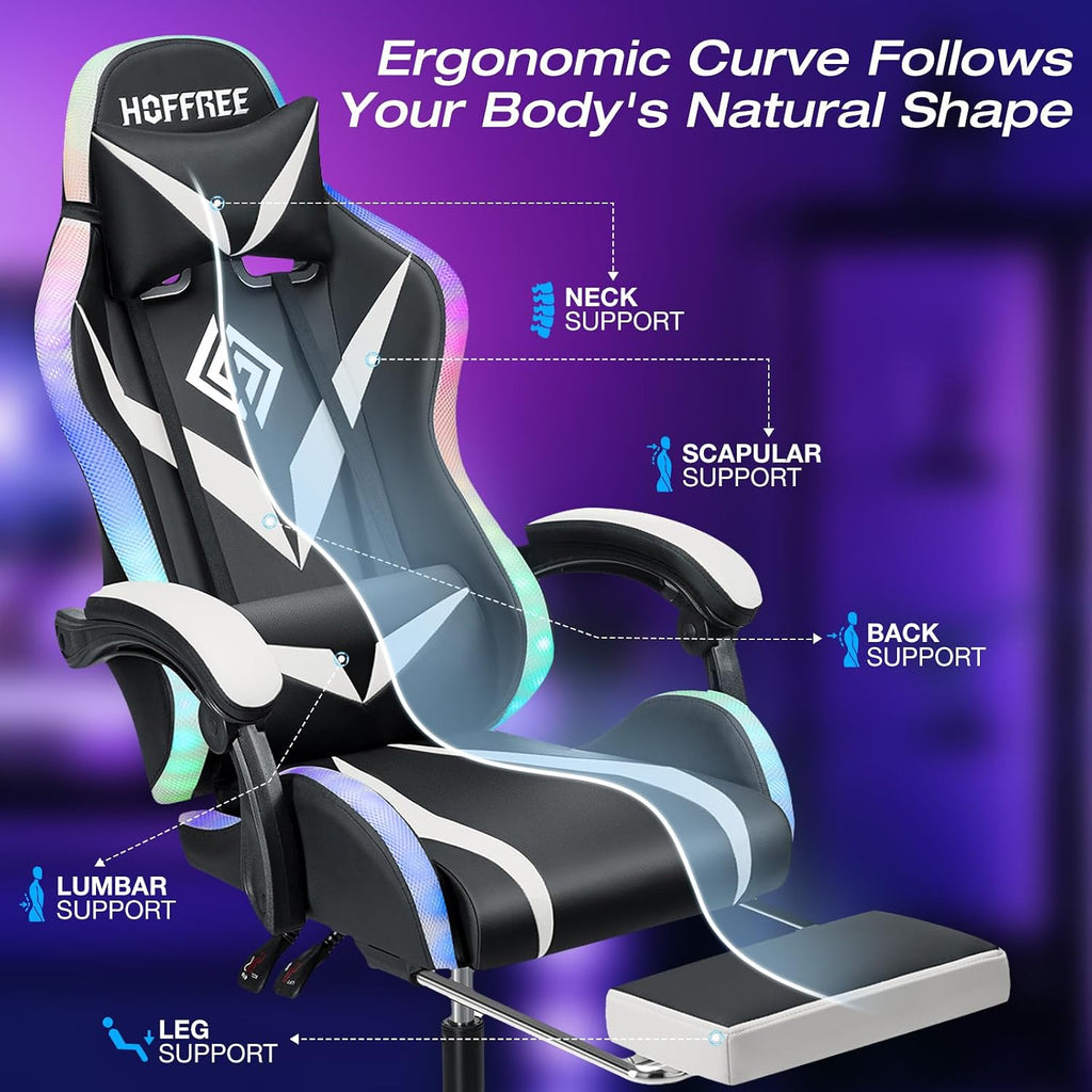 HOFFREE Gaming Chair with LED RGB Lights Massage Ergonomic Video Game Chairs with Footrest High Back Reclining Computer Chair with Adjustable Lumbar Support White and Black