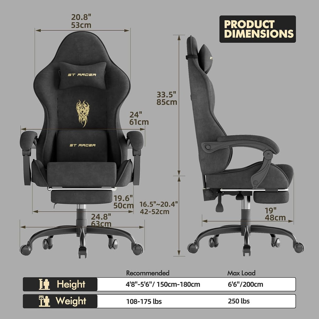 Huracan Velvet Fabric Racing Gaming Chair for Adults - Ergonomic Gamer Chair with Massage Lumbar, Footrest & Spring Cushion | Home Office/Video Game Chair, Black