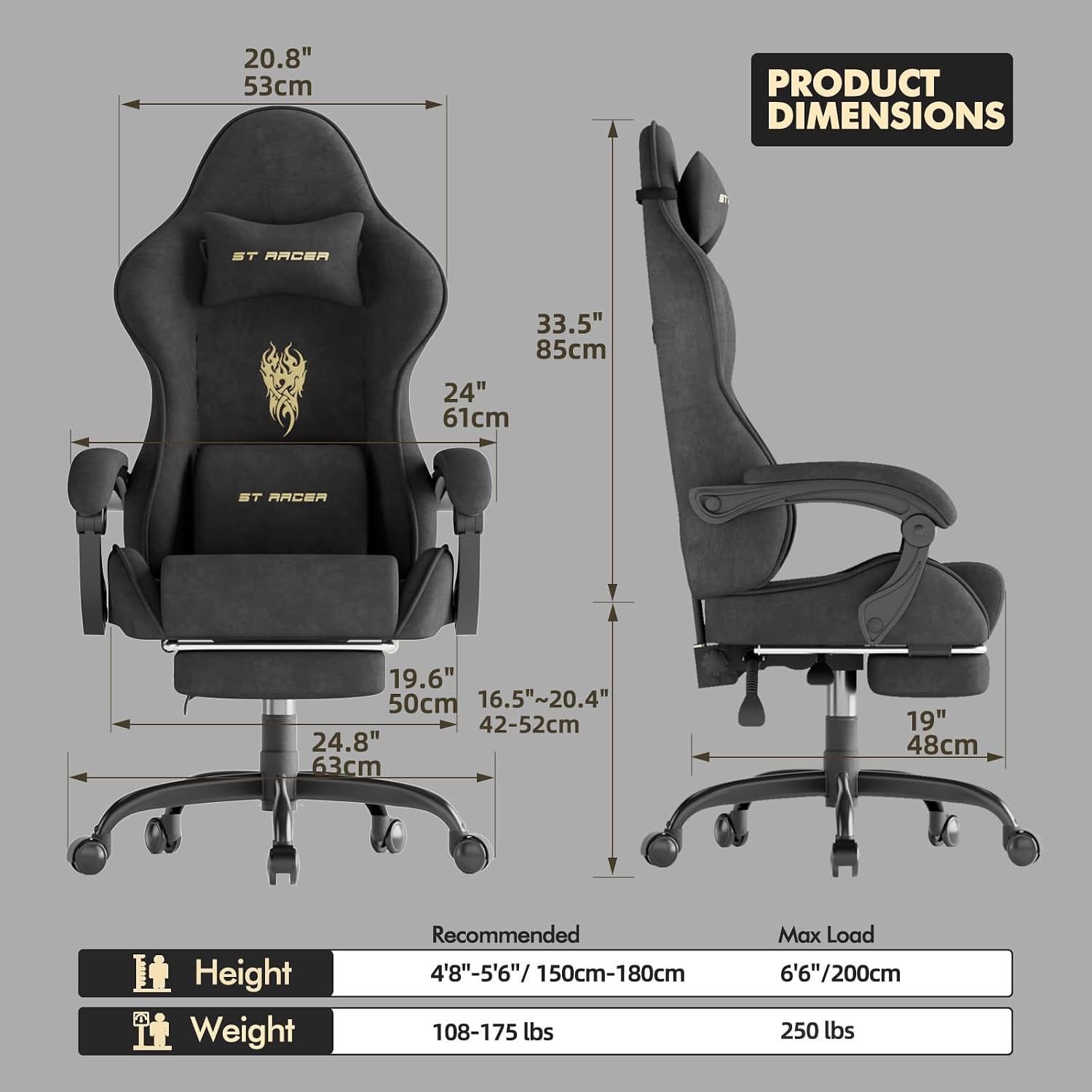 Huracan Velvet Fabric Racing Gaming Chair for Adults - Ergonomic Gamer Chair with Massage Lumbar, Footrest & Spring Cushion | Home Office/Video Game Chair, Black