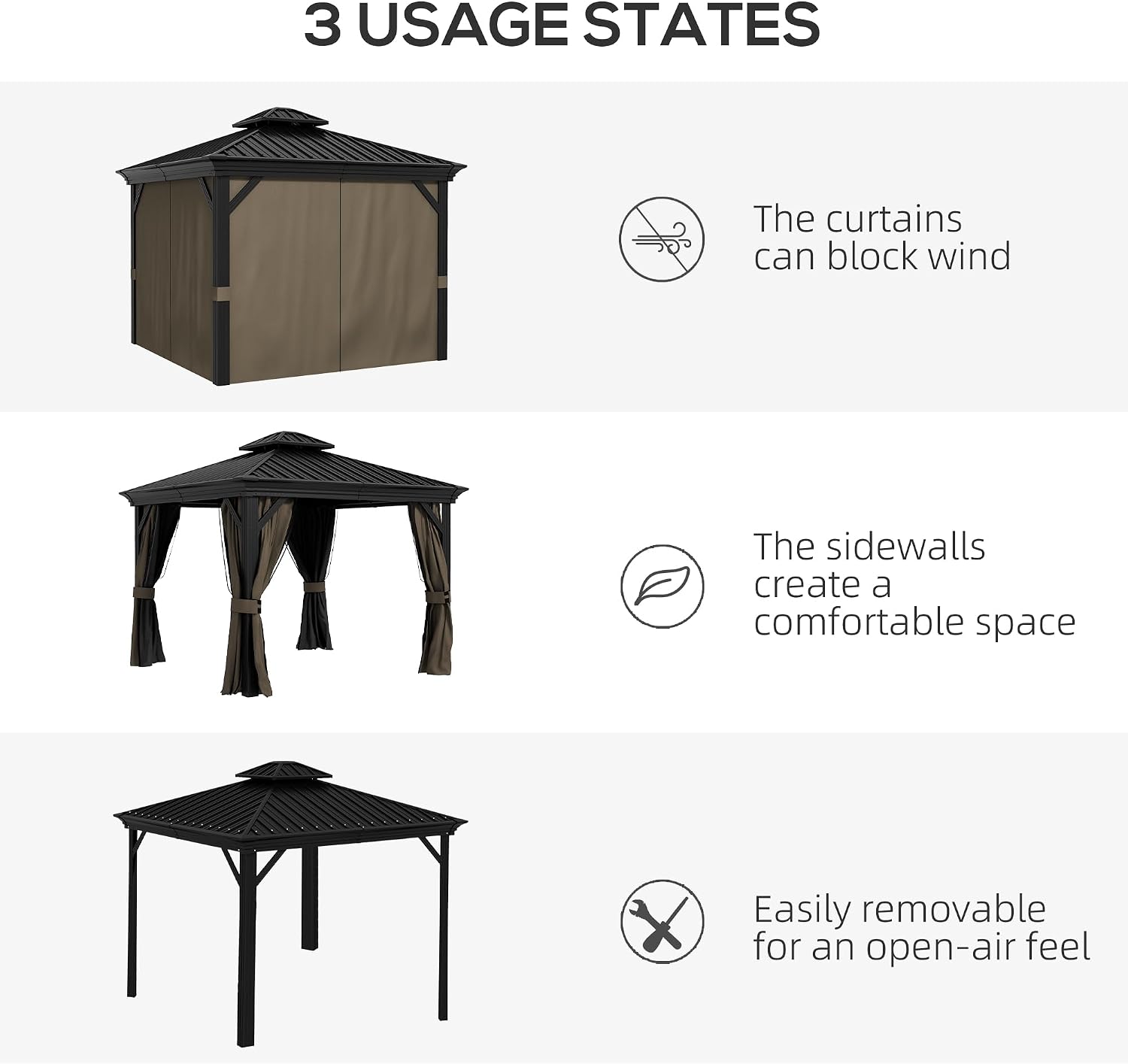 Outsunny 10' x 10' Hardtop Gazebo with Curtains and Netting, Permanent Pavilion Metal Double Roof Gazebo Canopy with Aluminum Frame and Hooks, for Garden, Patio, Backyard, Dark Brown
