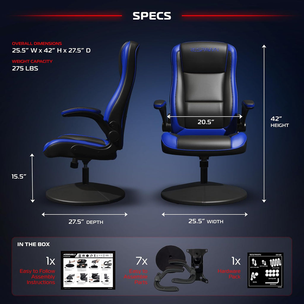 RESPAWN 800 Swivel Rocker Gaming Chair - Ergonomic Floor Gaming Seat with Lumbar Support, Flip Up Armrest, High Back, Pedestal Base, Comfortable No Wheels Console Video Game Rocker Chair - Blue