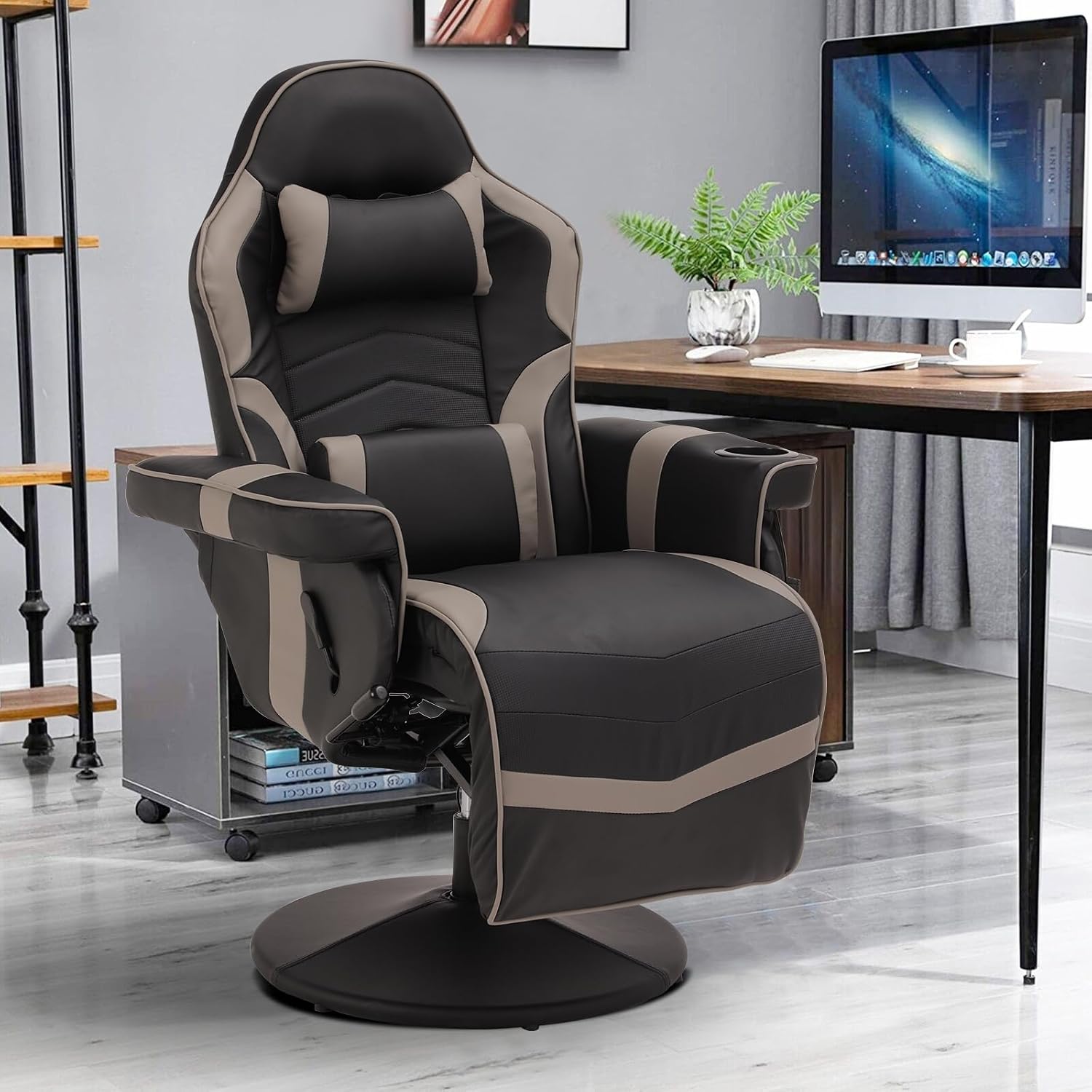Gaming Chairs for Adults, Gaming Chair with Footrest, Massage Gaming Chair w/Adjustable Height and Backrest, Swivel Video Game Chair with Lumbar Support, Side Pouch (Black& Grey)