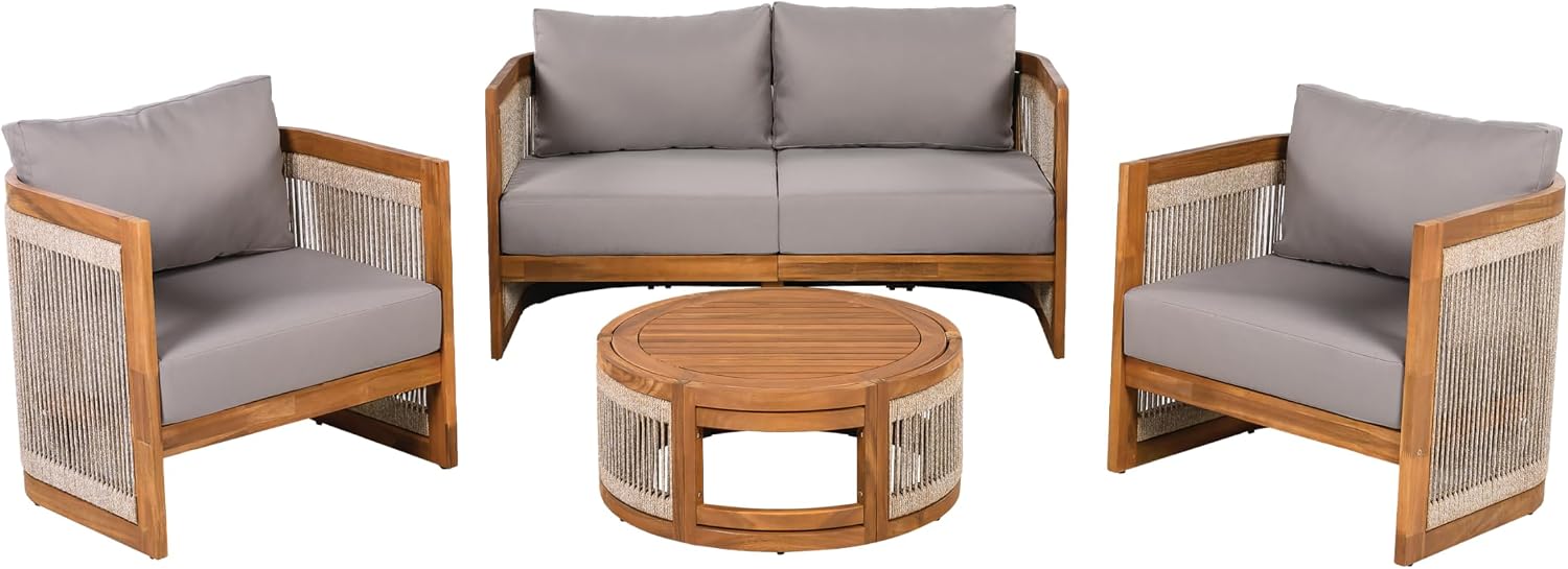 Acacia Wood Patio Multi-Person Sofa Set with Round Coffee Table and Woven Rope Accents, All-Weather Conversation Set Outdoor Seating Group for Garden Backyard Poolside Balcony (Teak+Grey)