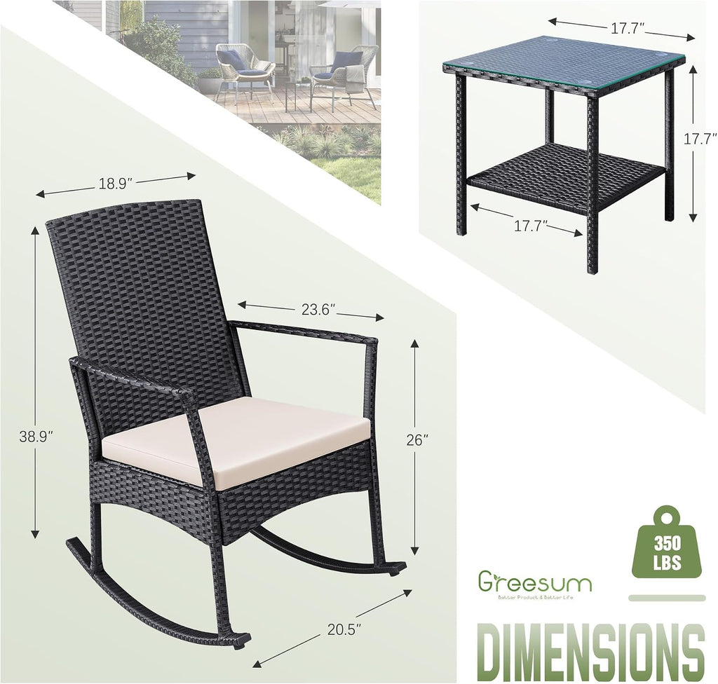 Greesum 3 Pieces Patio Furniture Set Outdoor Wicker Rocking Chairs with Glass Coffee Table for Garden Backyard Porch Poolside, Beige
