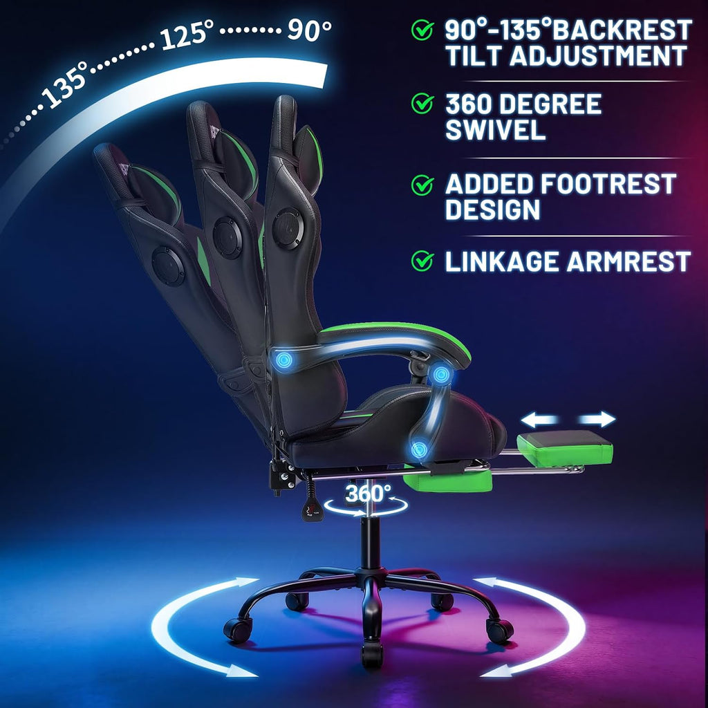 HOFFREE RGB Gaming Chair with Speakers and Massage Ergonomic Computer Chair with Lights and Footrest Reclining Video Game Chairs for Adults Green and Black