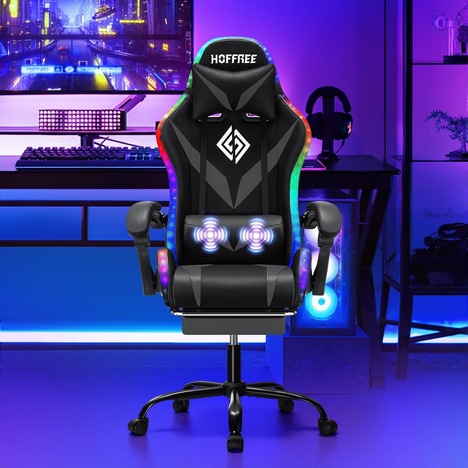 Gaming Chair Massage with LED RGB Lights and Footrest Ergonomic Computer Chair High Back Video Game Chair with Adjustable Lumbar Support Linkage Armrest Grey and Black