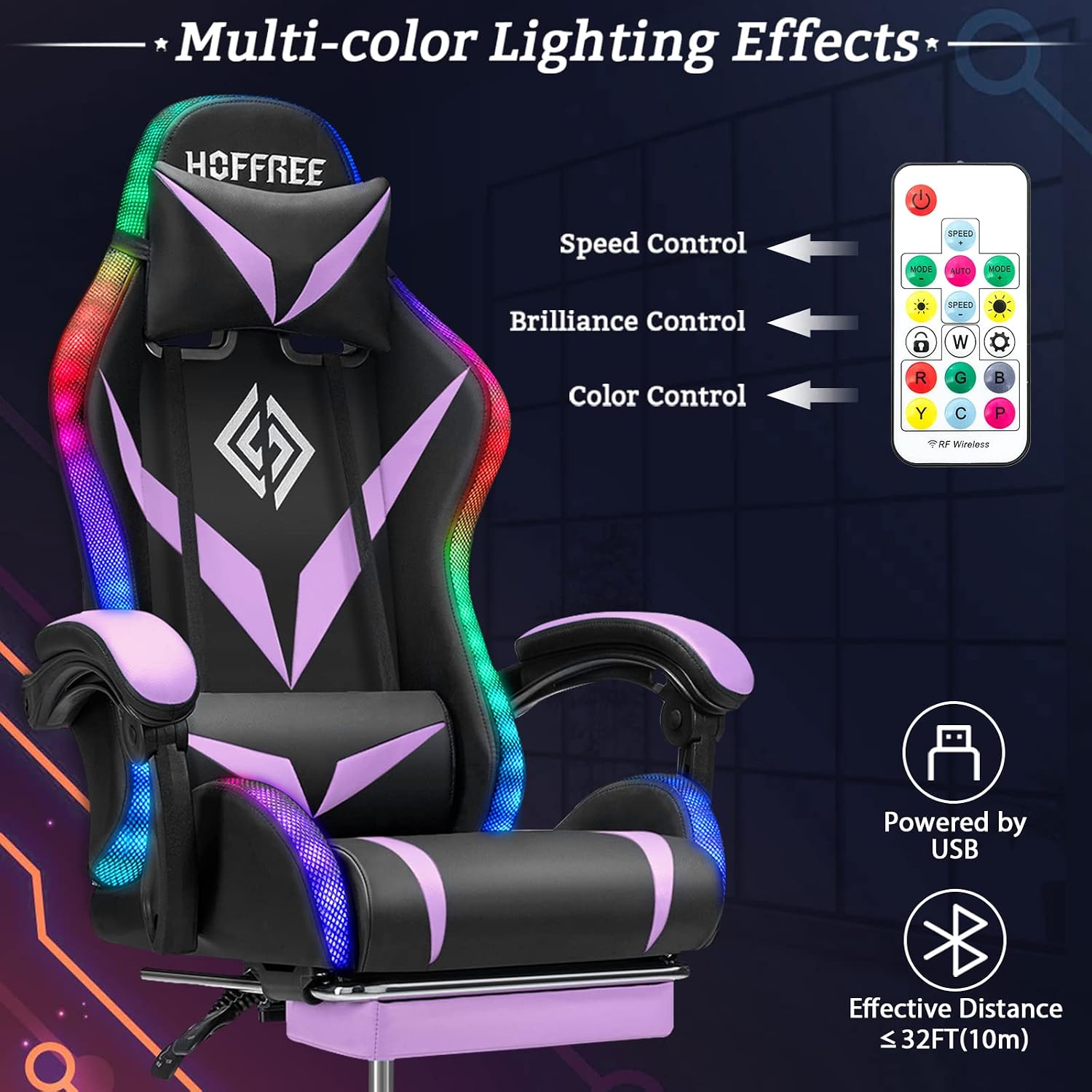 RGB Gaming Chair with Massage and LED Lights Ergonomic Computer Chair with Footrest Reclining High Back Video Game Chair for Adults with Adjustable Lumbar Support Purple and Black