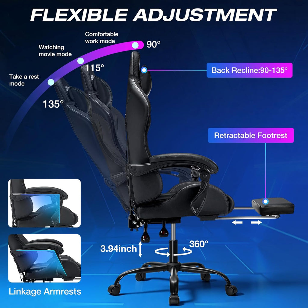 RGB Gaming Chair with Massage and LED Lights Ergonomic Video Game Chairs with Footrest High Back Reclining Computer Chair with Adjustable Lumbar Support Grey and Black