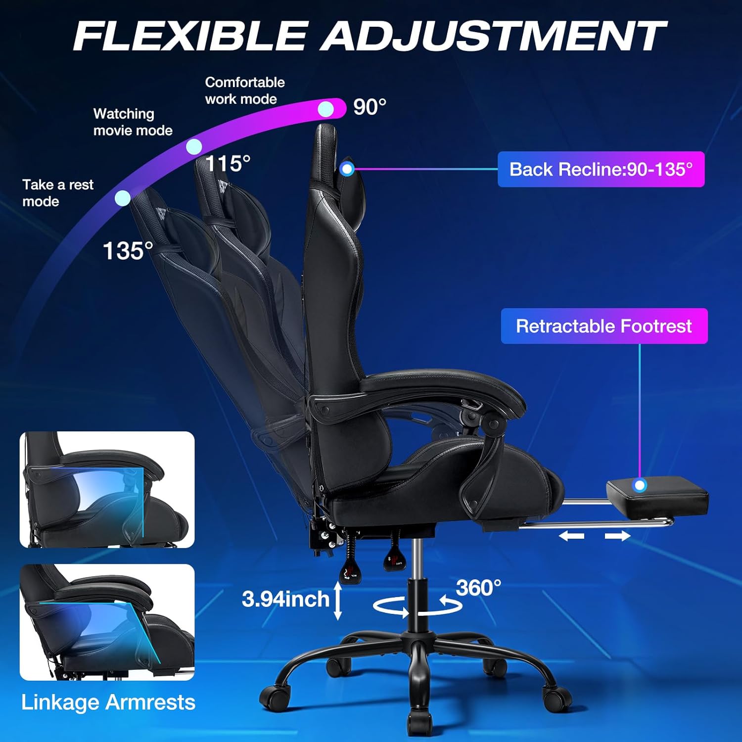 RGB Gaming Chair with Massage and LED Lights Ergonomic Video Game Chairs with Footrest High Back Reclining Computer Chair with Adjustable Lumbar Support Grey and Black