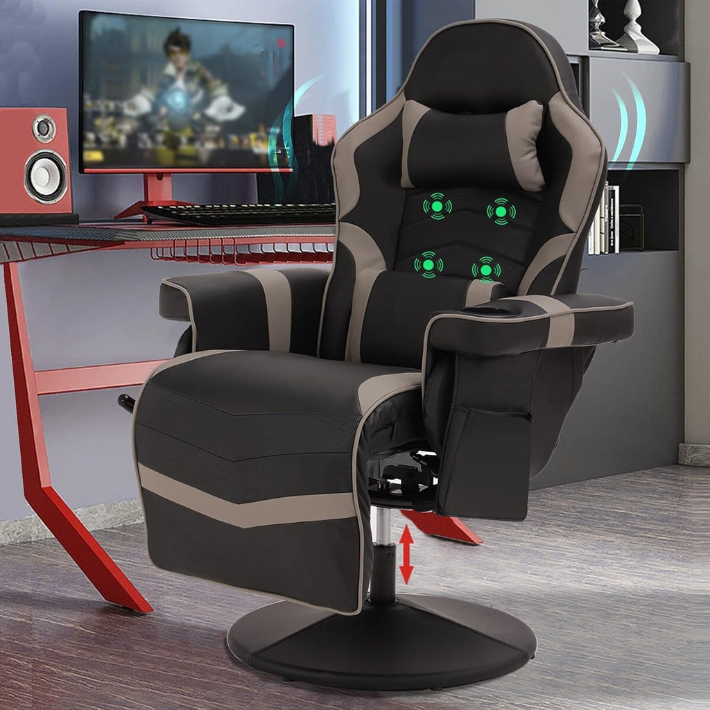 LVUYOYO Reclining Gaming Chair, Gaming Chair with Footrest and Massage, High Back PU Leather Gaming Recliner w/Adjustable Height, Swivel Game Chair with Lumbar Support, Cup Holder, Headrest