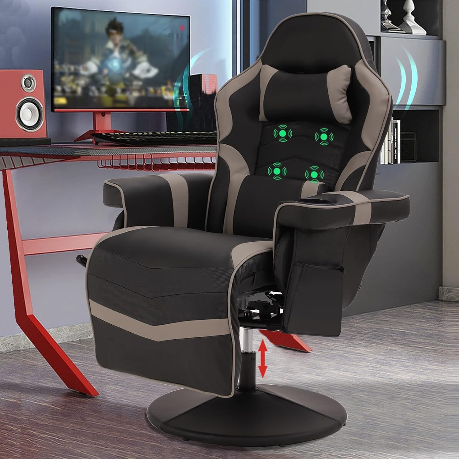 LVUYOYO Reclining Gaming Chair, Gaming Chair with Footrest and Massage, High Back PU Leather Gaming Recliner w/Adjustable Height, Swivel Game Chair with Lumbar Support, Cup Holder, Headrest