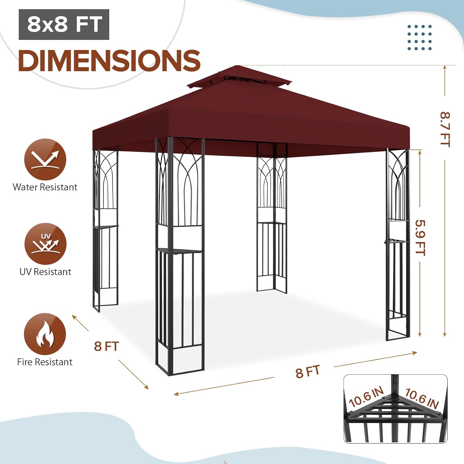 EAGLE PEAK Patio Gazebo 8x8 with Corner Shelves, Double Roof Outdoor Pavilion for Lawn, Deck, Garden and Backyard, Red