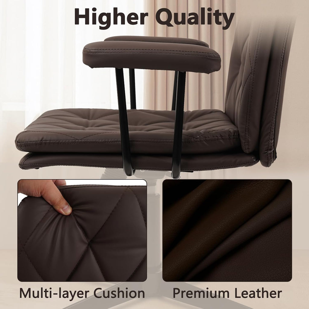 CLATINA Office Chair No Wheels, Leather Criss Cross Desk Chairs with Arms, Modern Cross Legged Computer Chair, Mid Back Height Adjustable Swivel Task Vanity Chair for Home Office, Chocolate Brown