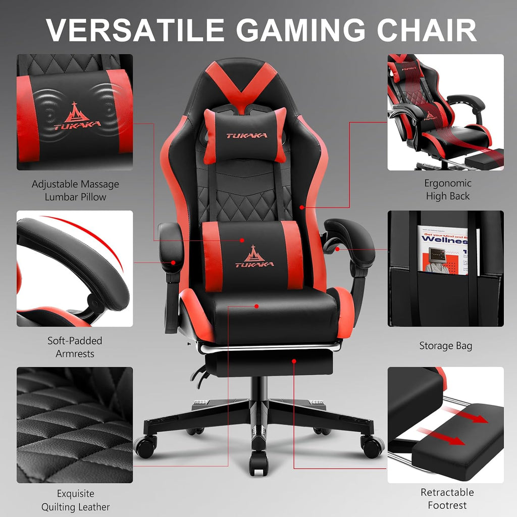 Gaming Chair,Ergonomic Massage Computer Office Desk Chair with Footrest,Pocket Spring Cushion,Reclining Leather Adjustable Gamer Chair with Headrest and Lumbar Support,Red