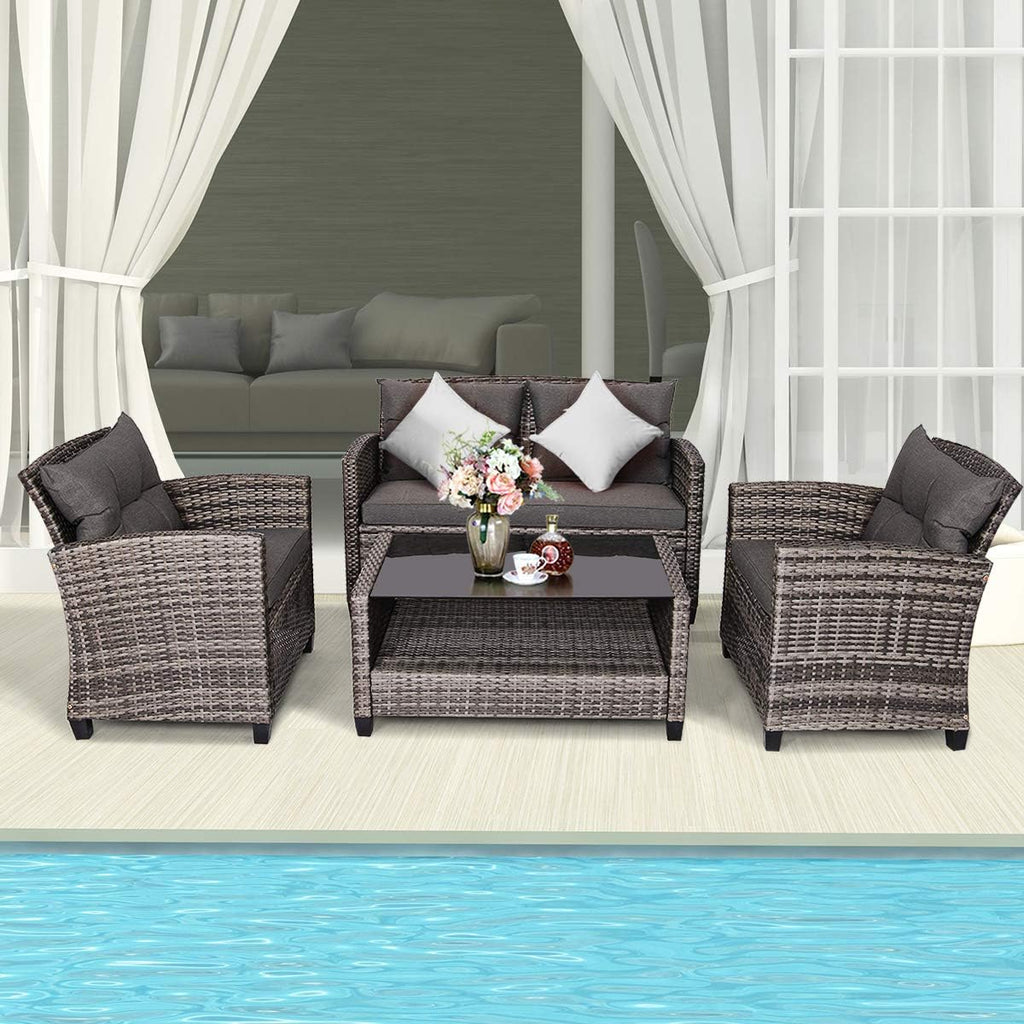 Tangkula 4 PCS Patio Wicker Conversation Furniture Set, Outdoor Rattan Sofa Set with Padded Cushion & Tempered Glass Coffee Table, Wicker Sectional Sofas & Table for Courtyard Balcony Garden (1, Grey)