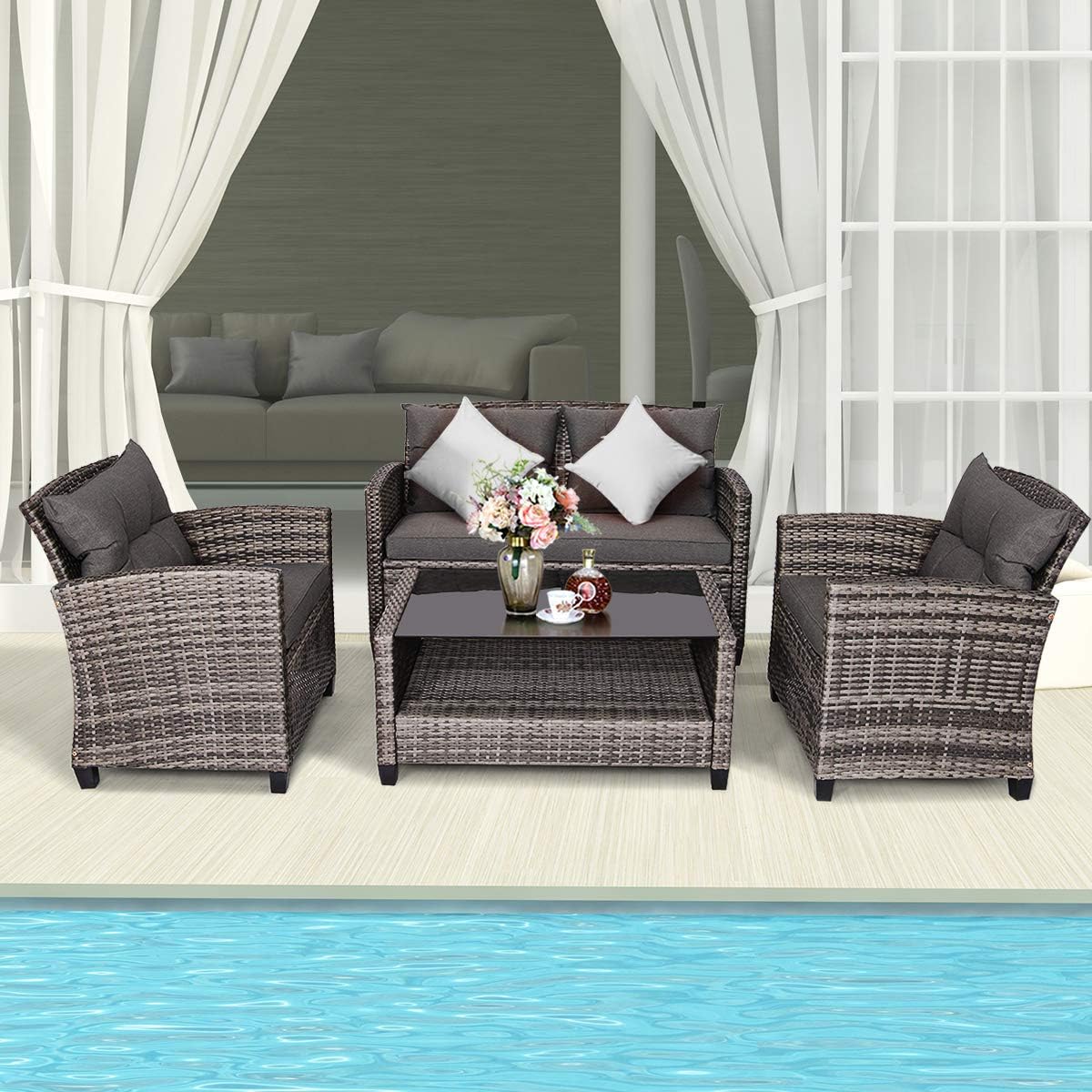 Tangkula 4 PCS Patio Wicker Conversation Furniture Set, Outdoor Rattan Sofa Set with Padded Cushion & Tempered Glass Coffee Table, Wicker Sectional Sofas & Table for Courtyard Balcony Garden (1, Grey)