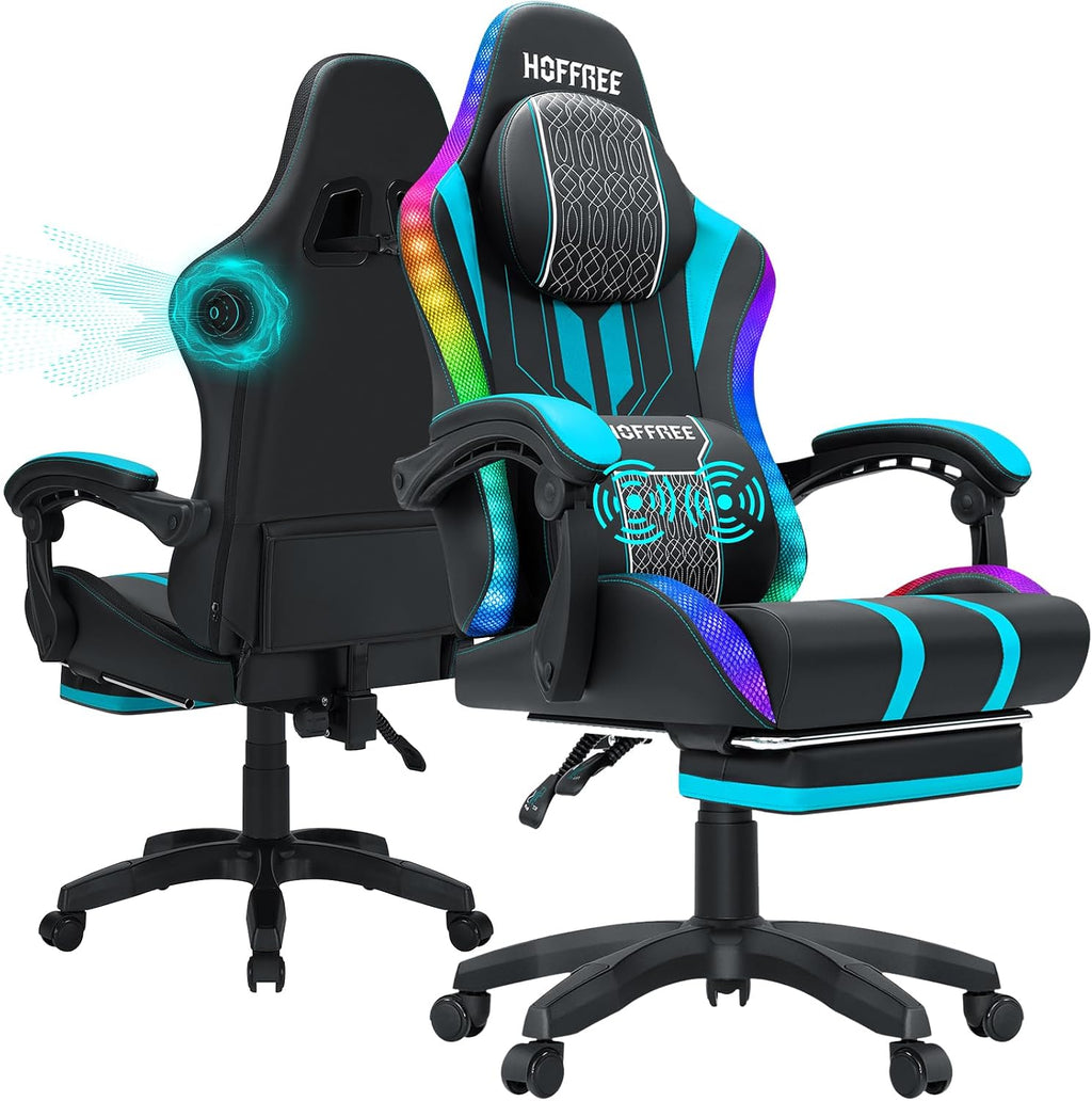 HOFFREE Led Gaming Chair with Speakers and Massage Video Game Chair Big and Tall for 400lbs with Footrest Reclining High Back Computer Desk Chair Blue and Black
