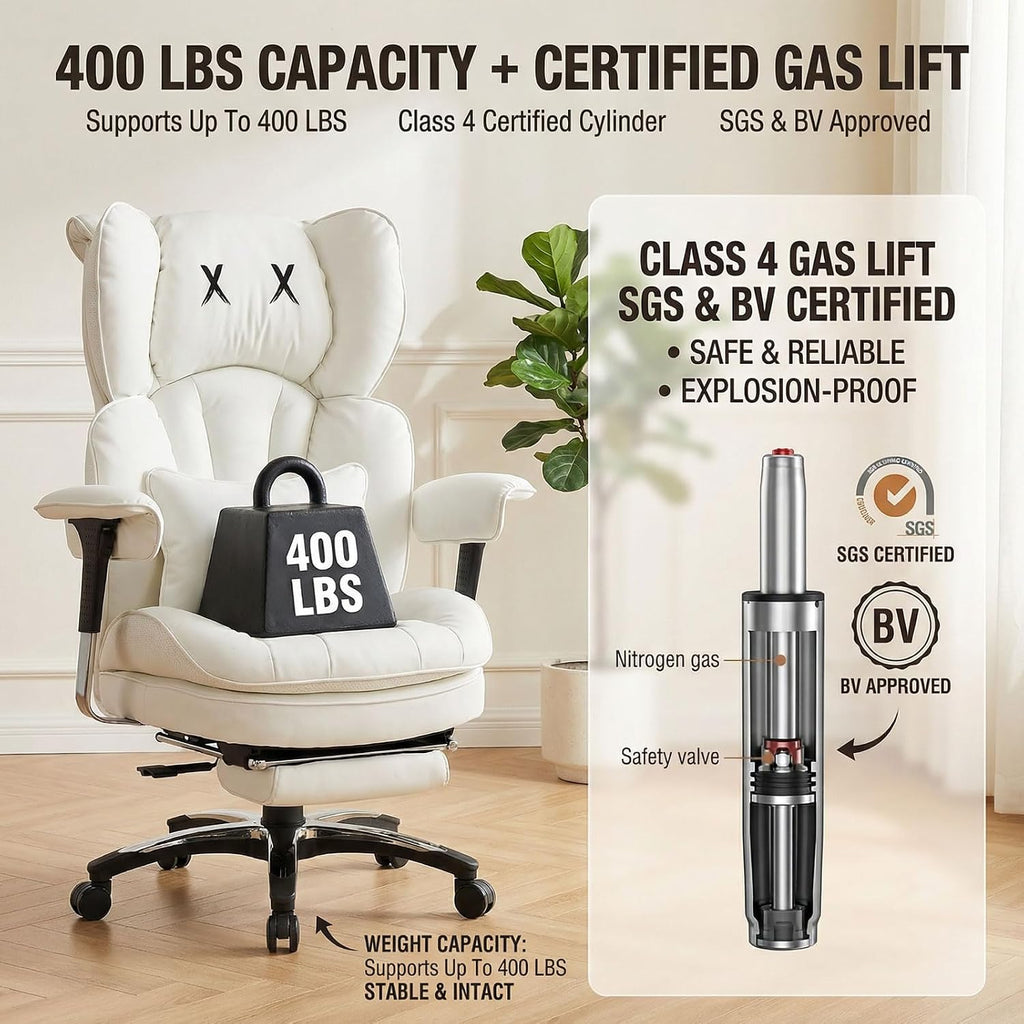 Efomao White Executive Office Chair with Footrest, Big and Tall 400lbs Extra Wide High Back Chair, Plush Pocket Spring Cushion for Home Office, Reclining Desk Chair with Large Padded Armrests