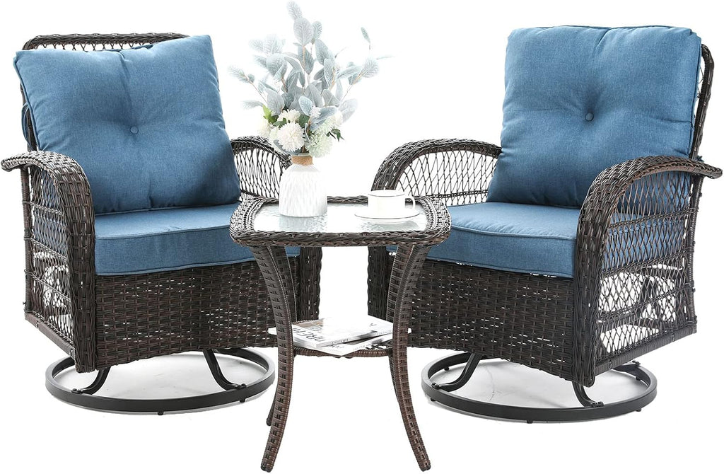 3 Pieces Patio Furniture Set, Outdoor Swivel Glider Rocker, Wicker Patio Bistro Set with Rocking Chair, Thickened Cushions and Table for Porch (Blue)