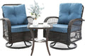 3 Pieces Patio Furniture Set, Outdoor Swivel Glider Rocker, Wicker Patio Bistro Set with Rocking Chair, Thickened Cushions and Table for Porch (Blue)