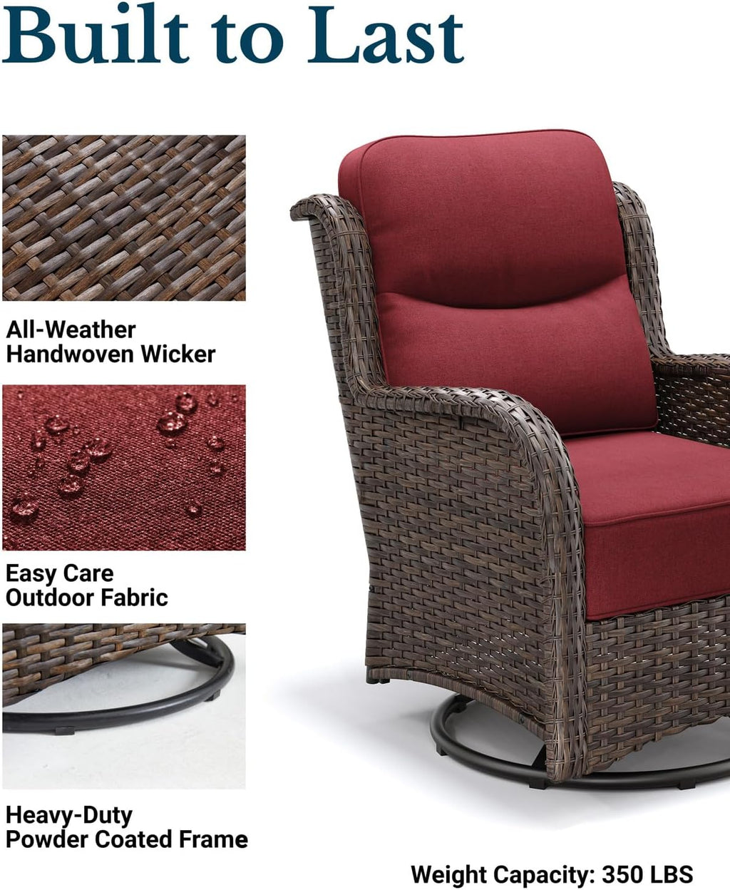 HILLGA Luxury Outdoor Swivel Rocker Patio Chairs of 2 with 6 Inch Thick Cushions and Side Table, Swivel Outdoor Chairs 3PCS High Back Wicker Patio Furniture Set for Porch, Balcony, Deck in Burgundy