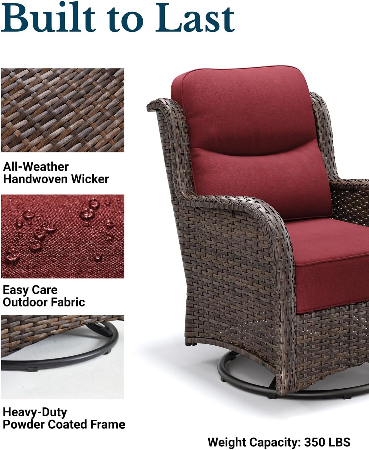 HILLGA Luxury Outdoor Swivel Rocker Patio Chairs of 2 with 6 Inch Thick Cushions and Side Table, Swivel Outdoor Chairs 3PCS High Back Wicker Patio Furniture Set for Porch, Balcony, Deck in Burgundy