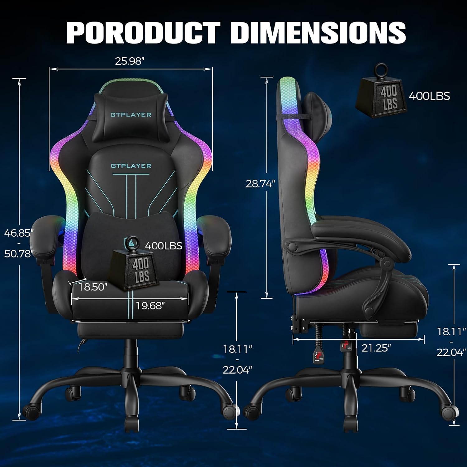 GTPLAYER Gaming Chair, Computer Chair with RGB LED Lights, High Back Ergonomic Chair for Adults with Footrest, Reclining Office Chairs, Linkage Armrest, Blue