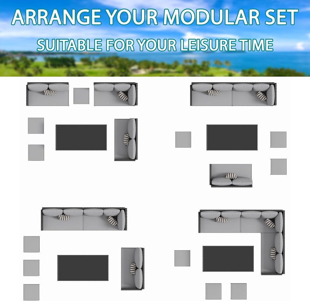 7-Piece Patio Furniture Set with Cushions and Pillows, Outdoor Wicker Sectional Sofa with Long Glass Coffee Table, All-Weather Conversation Set for Garden, Porch, Lawn, Gray