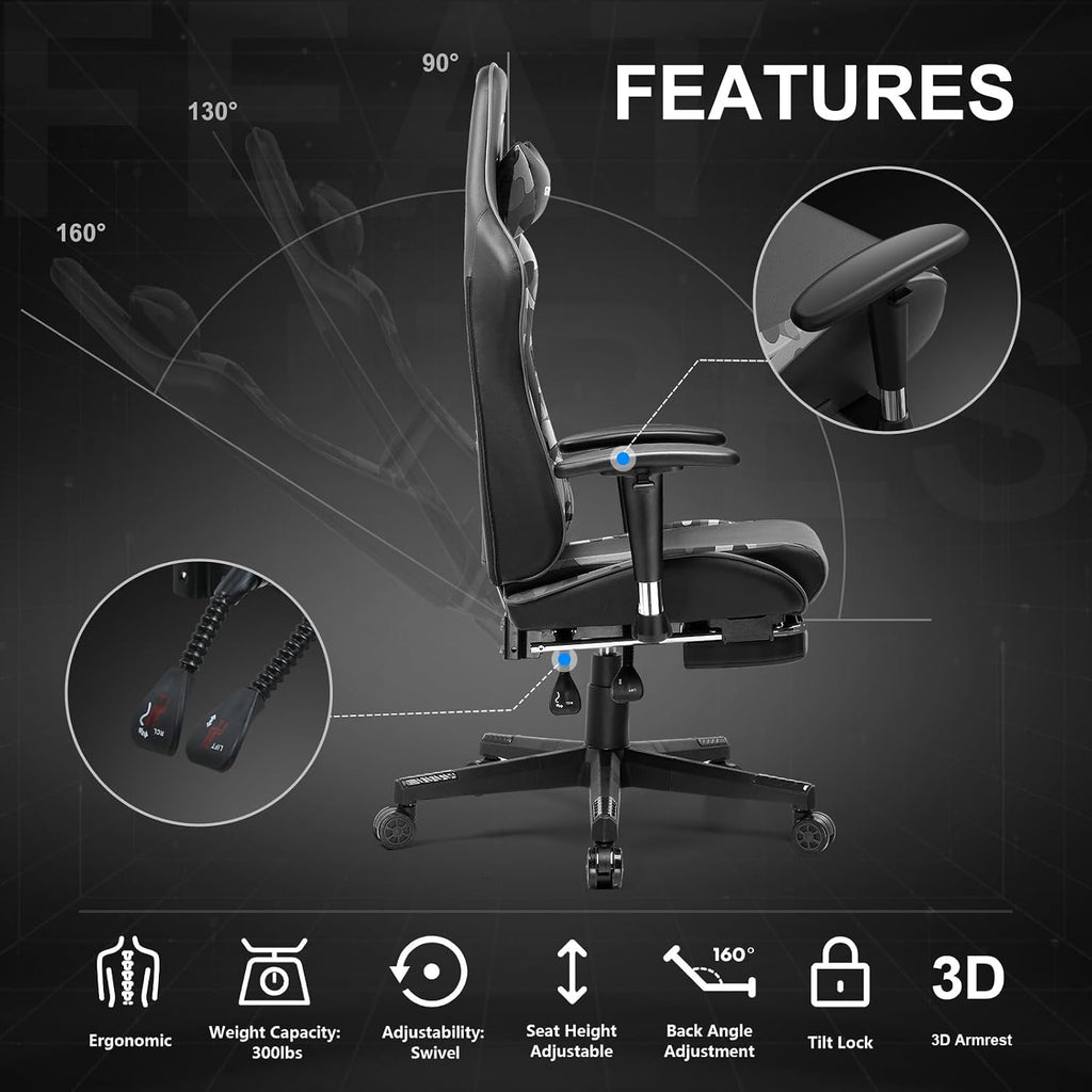 GTPLAYER Gaming Chair with Footrest, Ergonomic Computer Game Desk Chair, Recline Gaming Chair Seat Height Adjustment, Swivel Rocker with Headrest and Lumbar (Camouflage)