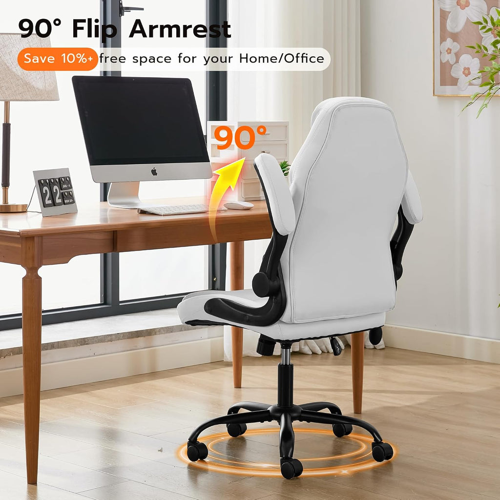Ylzyxal Office Desk Chair, Ergonomic Computer Chair with Padded Flip-Up Arms and Adjustable Lumbar Support, PU Leather Executive Chair with Tilt Lock and 360° Swivel Rolling Wheels for Work, Study