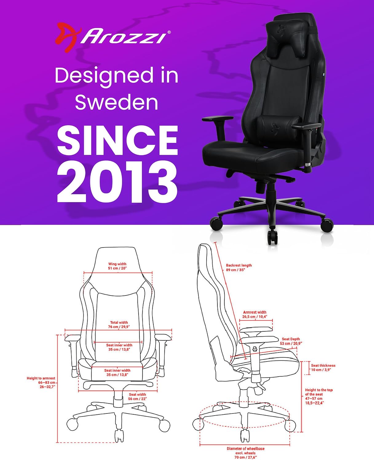 Arozzi Vernazza XL Soft PU Ergonomic Computer Gaming/Office Chair with High Backrest, Recliner, Swivel, Tilt, Rocker, Adjustable Height and Adjustable Lumbar and Neck Support - Pure Black
