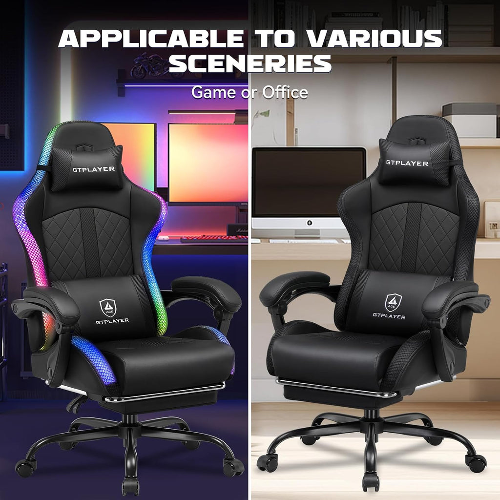 GTPLAYER RGB Gaming Chair with Speakers, Computer Gamer Chair with Footrest and LED Lights, PC Gamer Chairs for Adults, High Back Reclining Office Chairs, Linkage Armrest (Black, with Speakers)