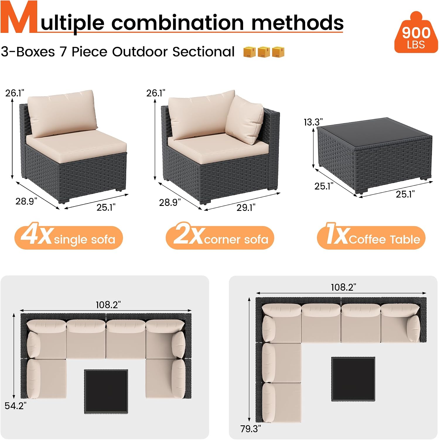 Patio Furniture Set, 7-Piece Outdoor Sectional All-Weather Wicker Patio Conversation Set for Backyard, Garden, Beige